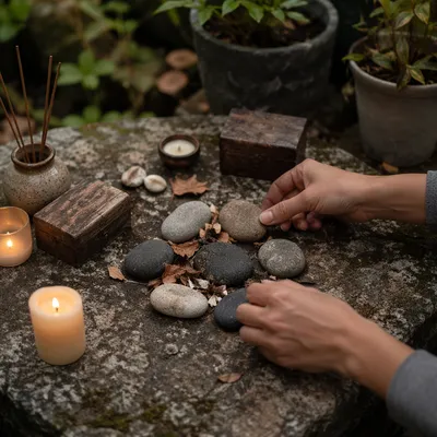 Hands Arranging Stones on Garden Prayer Altar