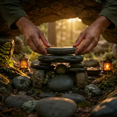 Hands Building a Woodland Stone Altar