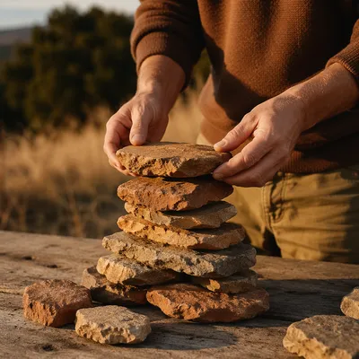 Hands Building a Stone Altar Outdoors