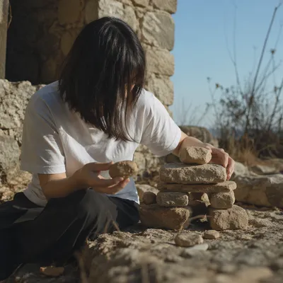 Hands Building a Stone Altar Outdoors