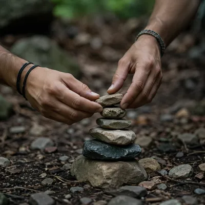 Hands Building a Stone Altar Outdoors