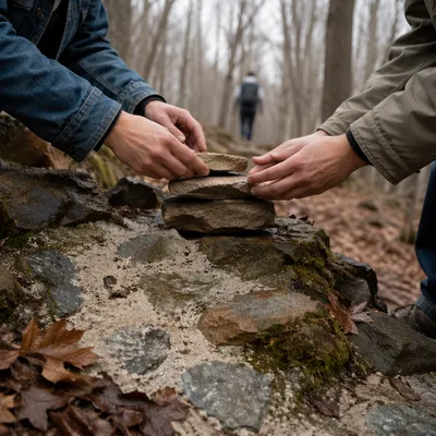 Hands Building a Rustic Woodland Stone Altar