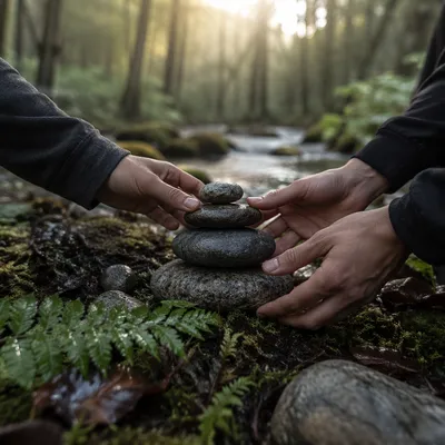 Hands Building a Stone Altar Outdoors