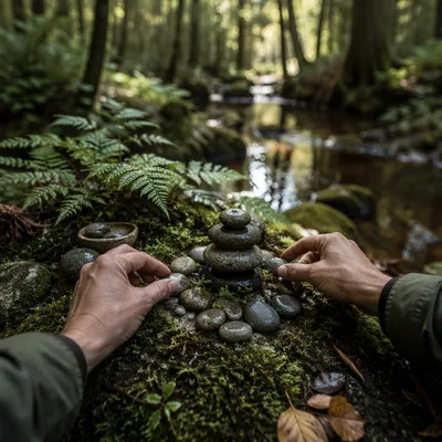 Hands Building Rustic Stone Altar Outdoors