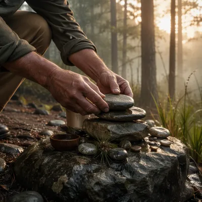 Weathered Hands Building a Forest Stone Altar
