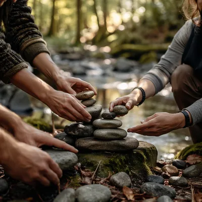 Hands Building a Stone Altar by Stream