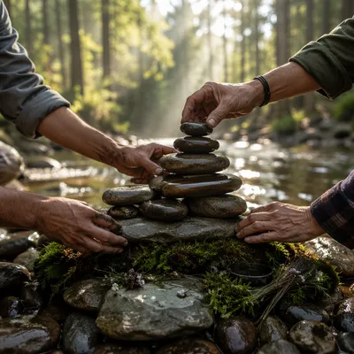 Hands Building a Stone Altar by Stream
