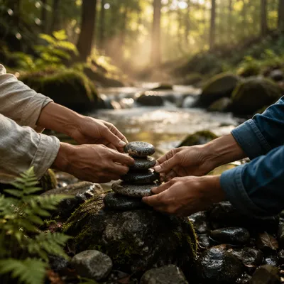 Hands Building a Stone Altar by Stream