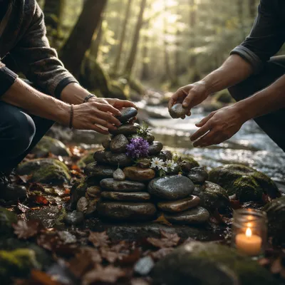 Hands Building a Woodland Stone Altar