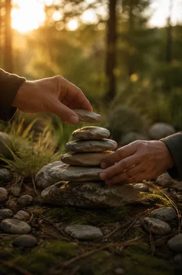Hands Building a Stone Altar Outdoors