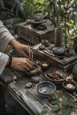Hands Preparing Rustic Outdoor Prayer Altar