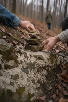 Hands Building Rustic Stone Altar Outdoors