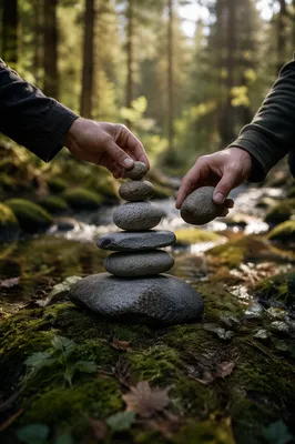 Hands Building Stone Altar in Forest