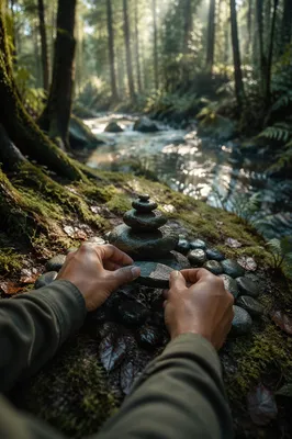 Hands Arranging Stones by Forest Stream