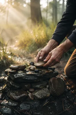 Hands Building a Humble Forest Stone Altar