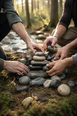Hands Building a Woodland Stone Altar