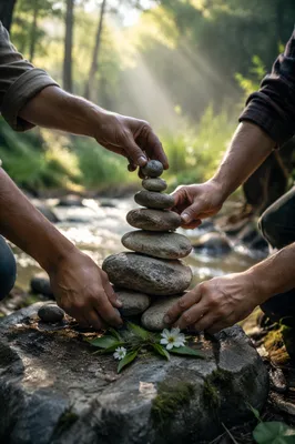 Hands Building a Woodland Stone Altar