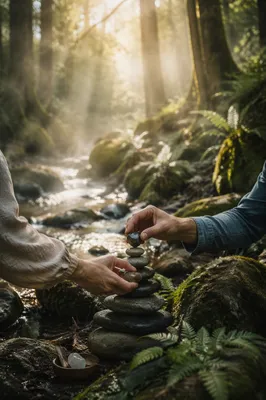 Hands Building a Stone Altar by Stream