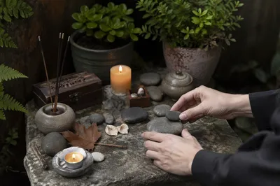 Hands Arranging Stones on Outdoor Prayer Altar