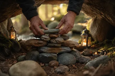 Hands Building a Woodland Stone Altar