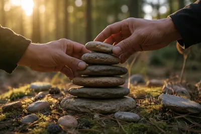 Hands Building a Stone Altar Outdoors