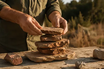 Hands Building a Stone Altar Outdoors