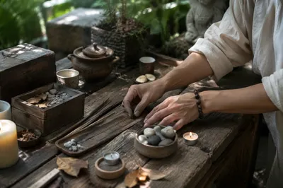 Hands Arranging Stones on Outdoor Altar