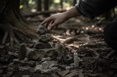 Hands Building a Stone Altar Outdoors