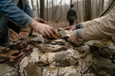 Hands Building a Rustic Stone Altar