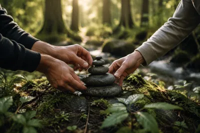 Hands Building Stone Altar in Forest