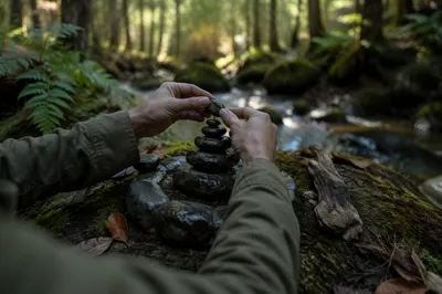 Hands Arranging Stone Altar by Forest Stream