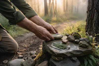 Hands Building a Humble Forest Stone Altar