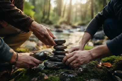 Hands Building a Woodland Stone Altar