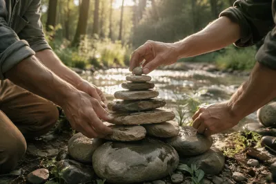 Hands Building a Stone Altar by Stream