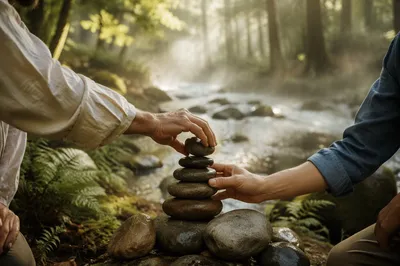 Hands Building a Woodland Stone Altar