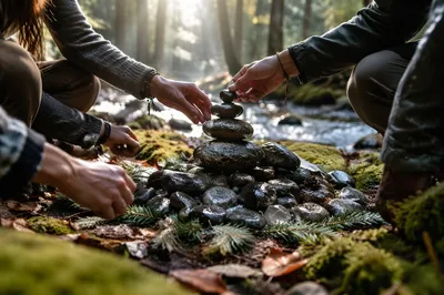 Hands Building a Woodland Stone Altar
