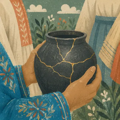 Hands Holding Kintsugi Pottery in Turquoise Fabric