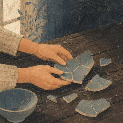 Hands Restoring Broken Kintsugi Pottery