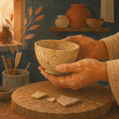 Hands Holding Kintsugi Repaired Ceramic Bowl