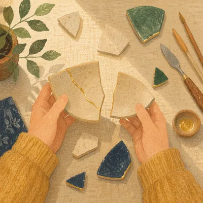 Hands Holding Kintsugi Pottery Fragments