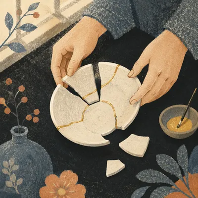 Hands Restoring Broken Bowl with Kintsugi
