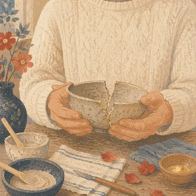 Hands Holding Kintsugi Repaired Broken Pottery