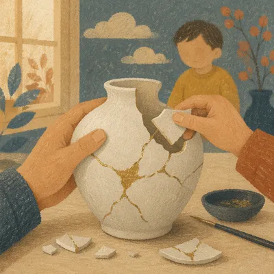 Hands Repairing Broken Kintsugi Vase