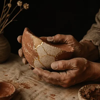 Hands Holding Kintsugi Pottery in Warm Light