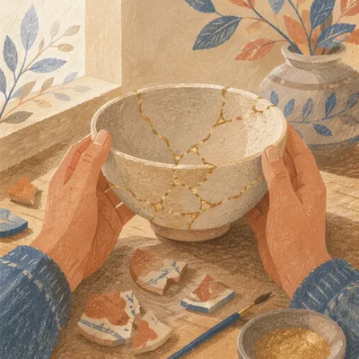 Hands Holding Gold Repaired Kintsugi Bowl