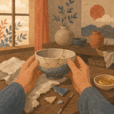 Hands Holding Repaired Kintsugi Ceramic Bowl