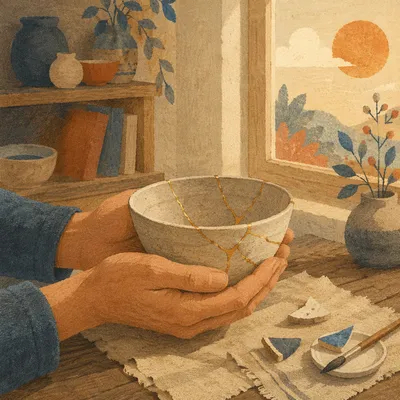 Hands Holding Repaired Kintsugi Pottery Bowl