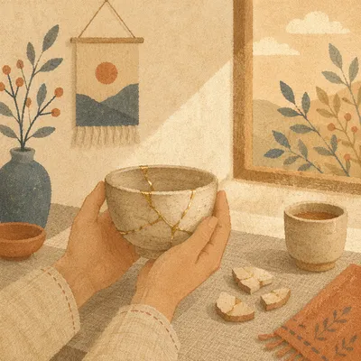 Hands Holding Kintsugi Repaired Pottery Bowl