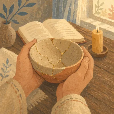Hands Holding Kintsugi Bowl in Prayer Corner