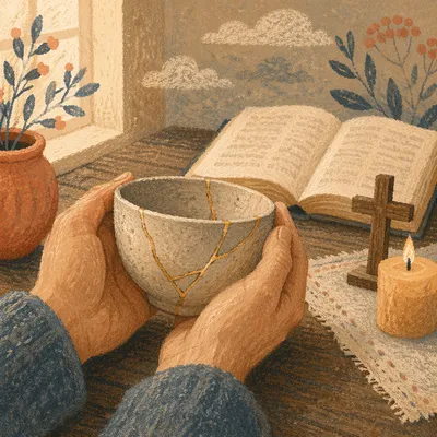 Hands Holding Kintsugi Bowl in Prayer Corner